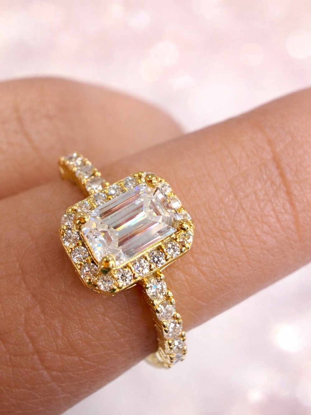 Gold Emerald-Cut Halo Engagement Ring - 925 0.78 Moissanite Size 7
